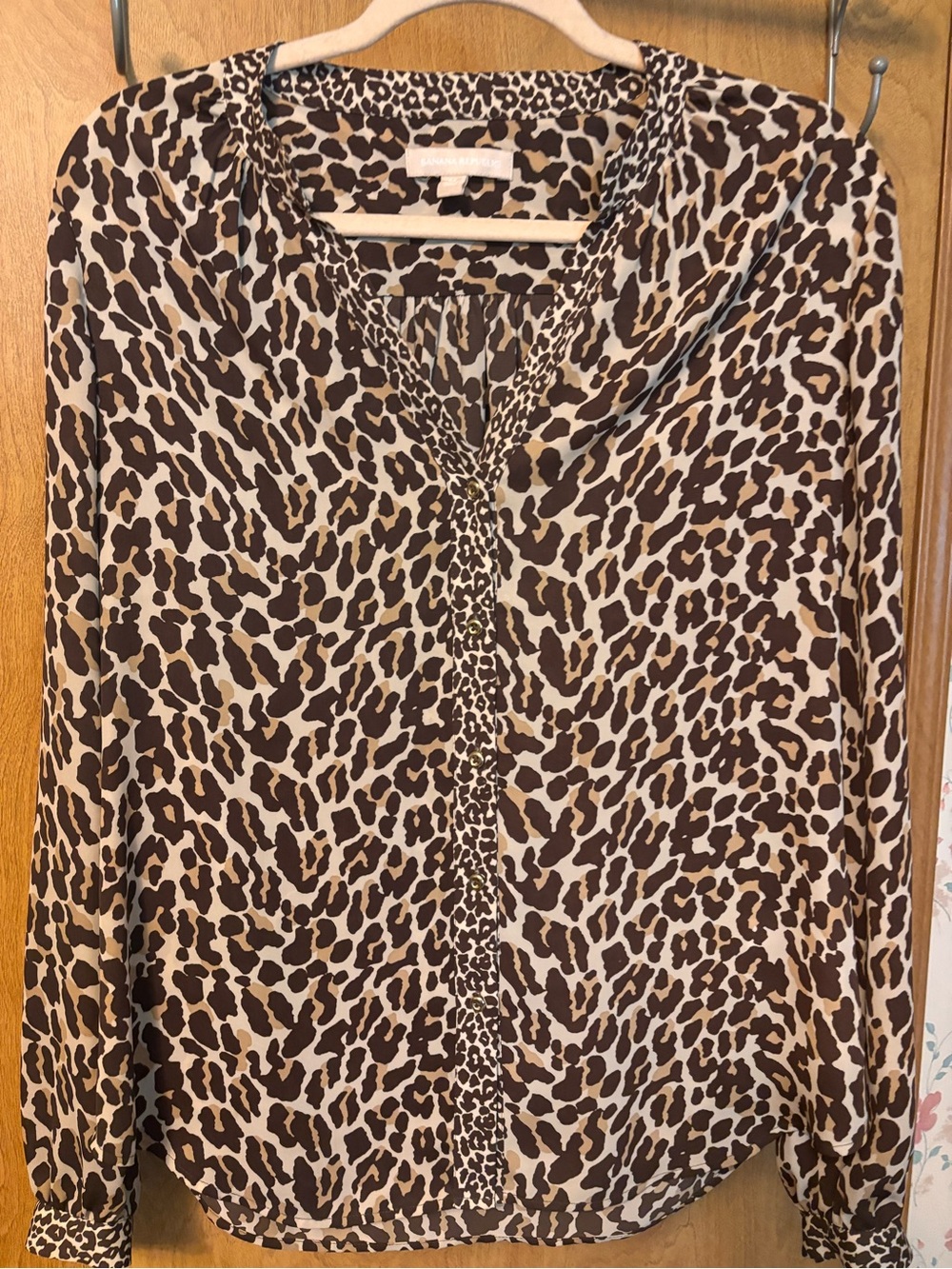Banana Republic Brown and Cream Leopard-Print Long Sleeve Blouse